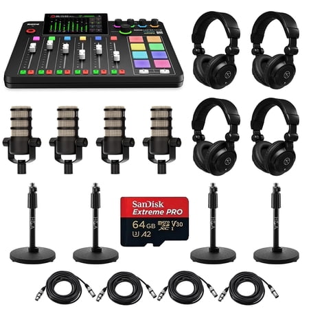 Rode RODECaster Pro II Integrated Audio Production Studio Console Bundle with 4x PodMic Microphone, 4x TAPH500 Headphones, 4x Mic Stand, 4x M to F XLR Cable, 32GB microSD Card