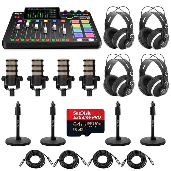 Rode RODECaster Pro II Integrated Audio Production Studio Console Bundle with 4x PodMic Microphone, 4x TAPH500 Headphones, 4x Mic Stand, 4x M to F XLR Cable, 32GB microSD Card