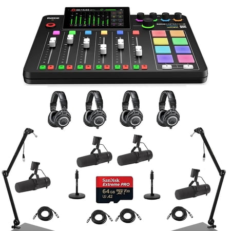 Rode RODECaster Pro II Integrated Audio Production Studio Console Bundle with 4x SM7B Mic, 4x ATH-M50x Headphones, 2x Broadcast Arm, 2x Mic Stand, 4x M to F XLR Cable, 32GB microSD Card