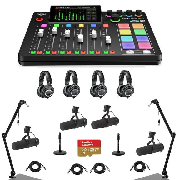 Rode RODECaster Pro II Integrated Audio Production Studio Console Bundle with 4x SM7B Mic, 4x ATH-M50x Headphones, 2x Broadcast Arm, 2x Mic Stand, 4x M to F XLR Cable, 32GB microSD Card