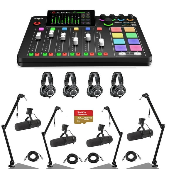 Rode RODECaster Pro II Integrated Audio Production Studio Console Bundle with 4x SM7B Mic, 4x ATH-M50x Headphones, 4x Broadcast Arm, 4x M to F XLR Cable, 32BG microSD Card