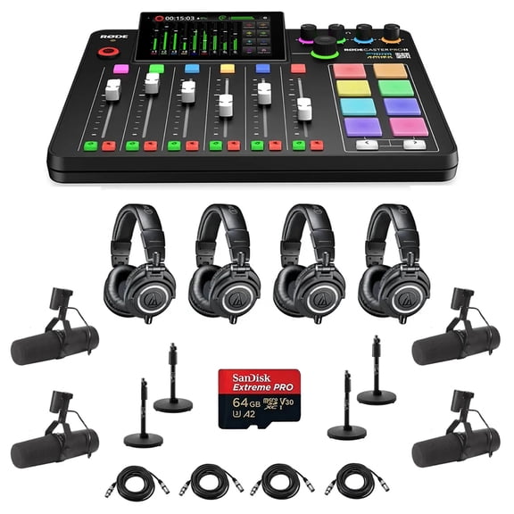 Rode RODECaster Pro II Integrated Audio Production Studio Console Bundle with 4x SM7B Mic, 4x ATH-M50x Headphones, 4x Mic Stand, 4x M to F XLR Cable, 32GB microSD Card