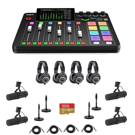 Rode RODECaster Pro II Integrated Audio Production Studio Console Bundle with 4x SM7B Mic, 4x ATH-M50x Headphones, 4x Mic Stand, 4x M to F XLR Cable, 32GB microSD Card