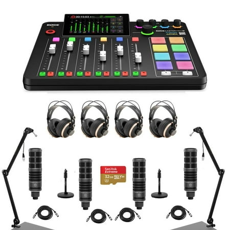 Rode RODECaster Pro II Integrated Audio Production Studio Console Bundle with 4X Cardioid Dynamic Broadcast Microphone, 4X Headphones, 2X Broadcast Arm, 2X Mic Stand, 4X Cable, 32GB Memory Card