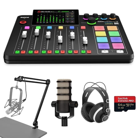 Rode RODECaster Pro II Integrated Audio Production Studio Console Bundle with PodMic Microphone, TAPH500 Headphones, Broadcast Arm, M to F XLR Cable, 32BG microSD Card