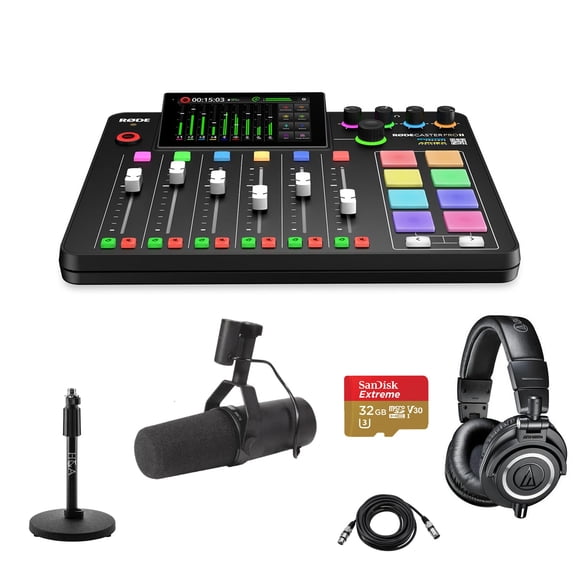 Rode RODECaster Pro II Integrated Audio Production Studio Console Bundle with SM7B Mic, ATH-M50x Headphones, Mic Stand, M to F XLR Cable, 32GB microSD Card