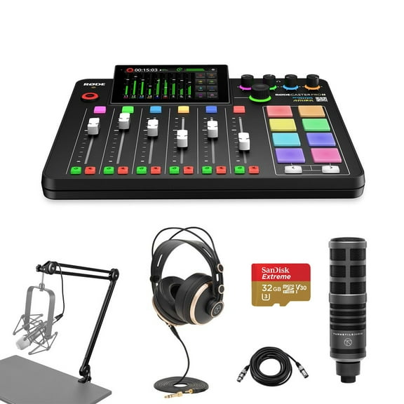 Rode RODECaster Pro II Integrated Audio Production Studio Console Bundle with TAP300 Mic, TAPH700 Headphones, Broadcast Arm, M to F XLR Cable, 32BG microSD Card