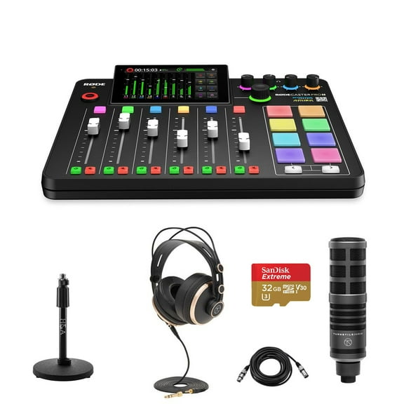 Rode RODECaster Pro II Integrated Audio Production Studio Console Bundle with TAP300 Mic, TAPH700 Headphones, Mic Stand, M to F XLR Cable, 32GB microSD Card