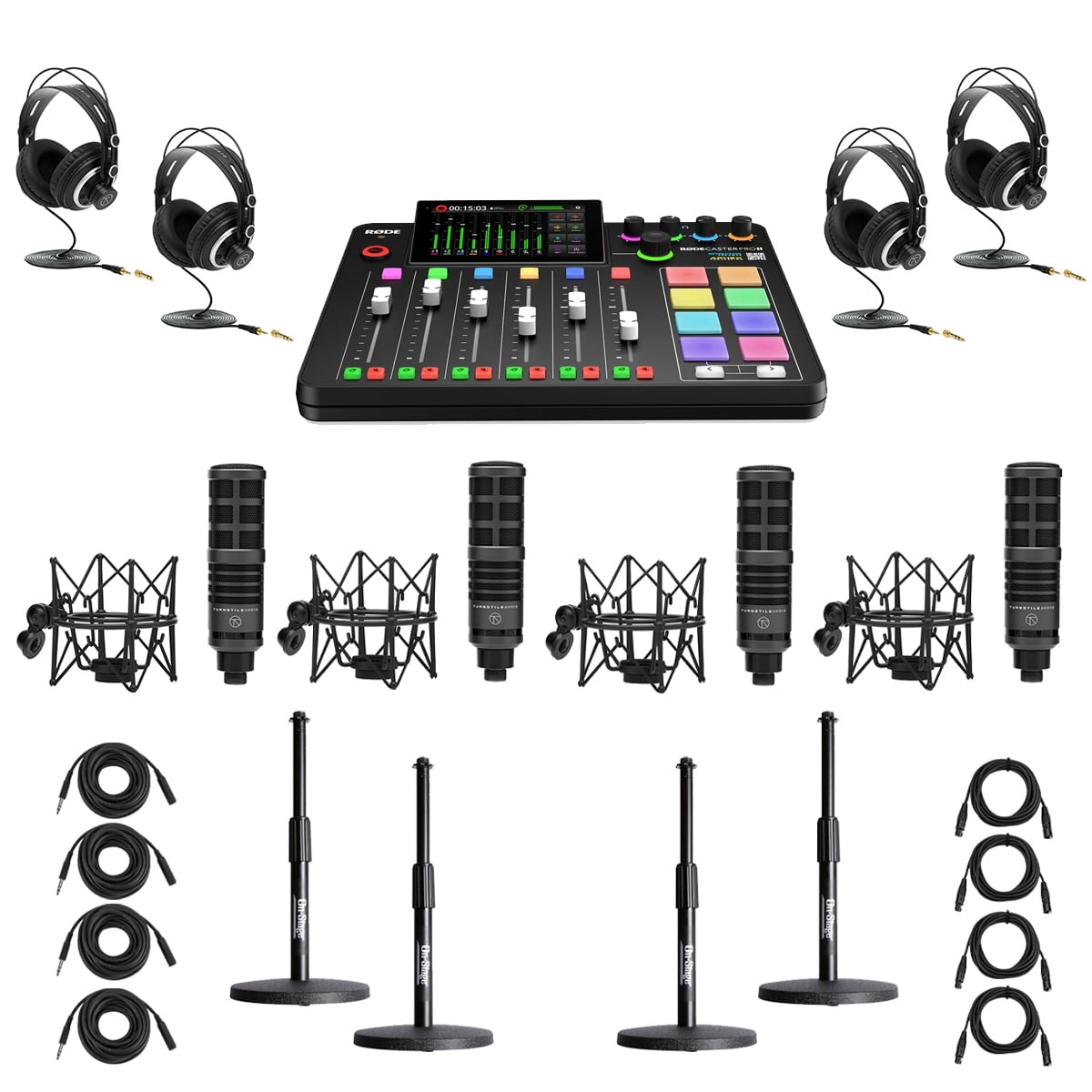 Rode RODECaster Pro II Production Studio Console, Bundle with 4x Turnstile Audio TAP500 Broadcast Microphones and 4x On-Stage DS7200B Mic Stand