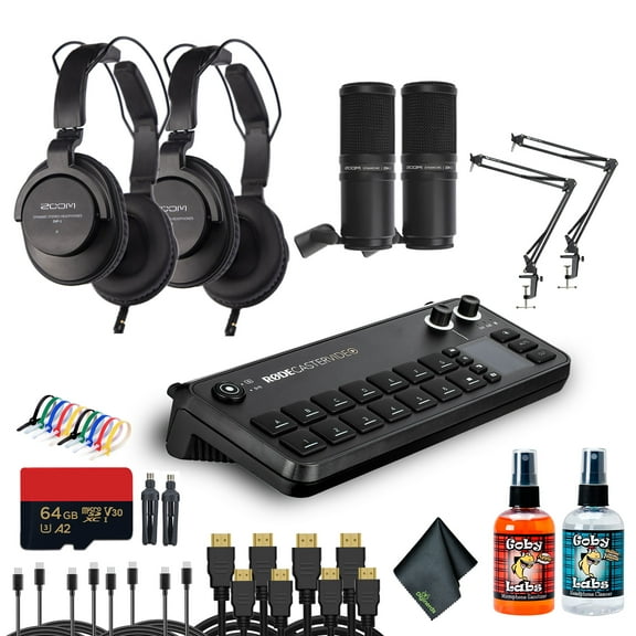 RODECaster Video All-in-One Production Console + 2x Professional Studio Headphones + 2x Podcast Microphone + 2x Mic Arm + 64GB Micro SD Memory Card + 4x USB-C + 4x Video Cables + More (Bundle)
