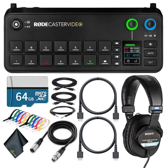 RODECaster Video All-in-One Production Console + 64GB Micro SD Memory Card + Studio Headphones + 2x USB-C + 1/4 TRS + Cable Management Ties + 2x Video Cables + 10 Foot XLR + More (Bundle)