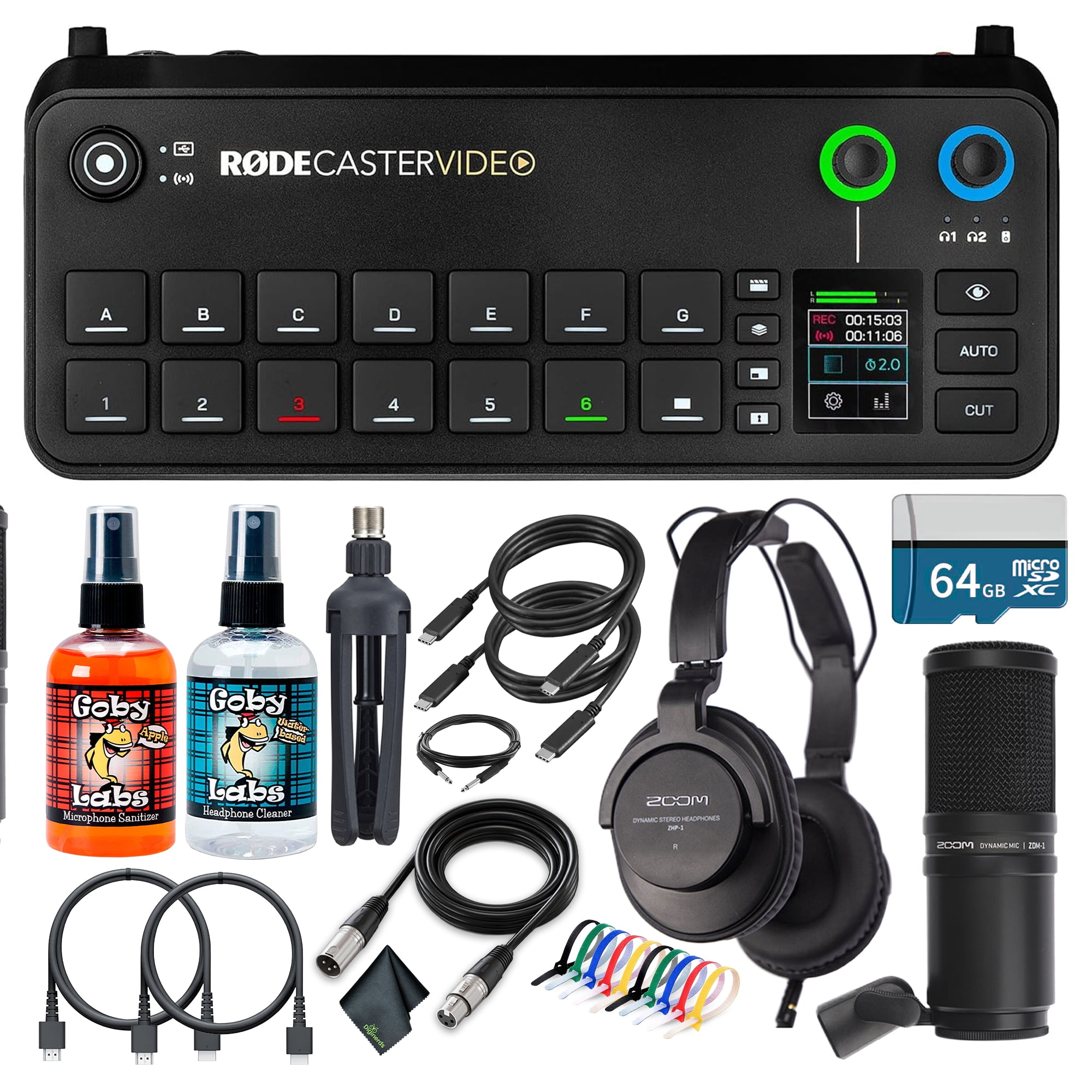 RODECaster Video All-in-One Production Console + Professional Studio Headphones + Podcast Microphone + 64GB Micro SD Memory Card + 2x USB-C + 1/4 TRS + 10 Foot XLR + 2x Video Cables + More (Bundle)