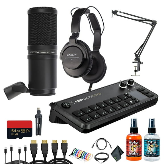 RODECaster Video All-in-One Production Console + Studio Headphones + Podcast Microphone + Mic Arm + 64GB Micro SD Memory Card + 2x USB-C + 1/4 TRS + 10 Foot XLR + 2x Video Cables + More (Bundle)