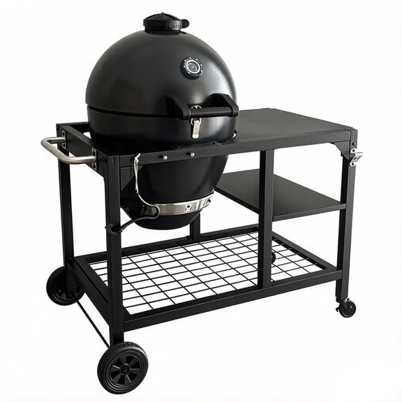 Brand Man 22" Kamado Charcoal Smoker Grill with Rolling Cart, Warming Rack, Pizza Stone & Vegetable Basket for Outdoor BBQ