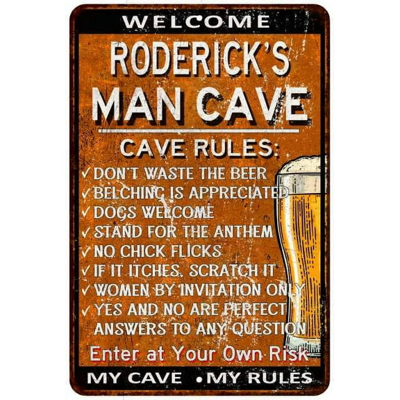 RODERICK'S Man Cave Rules Rusty Sign Garage Decor 8x12 108120051481
