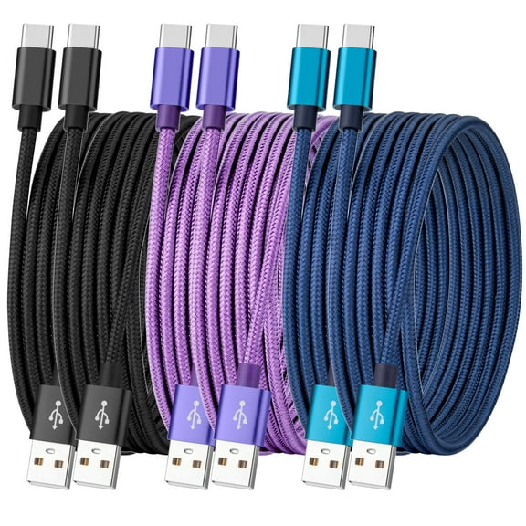 ROFAY 6-Pack 6ft USB-C to USB-A Braided Cable, Multi-Color (2 Purple, 2 Black, 2 Blue)