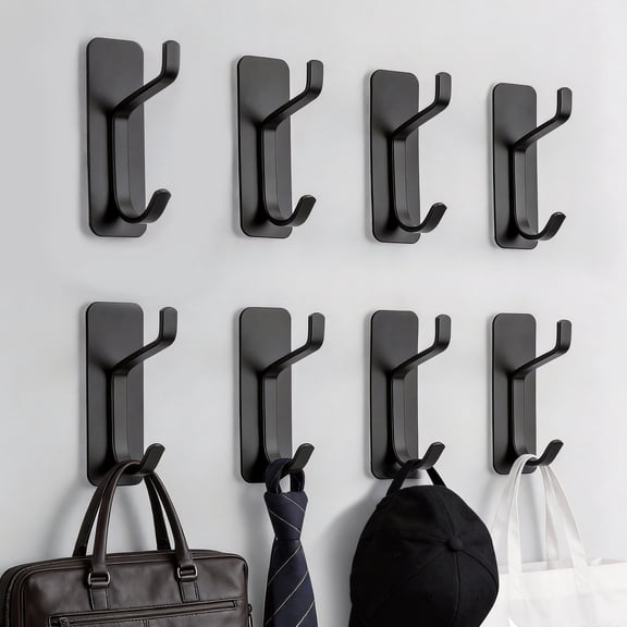 ROFAY Adhesive Coat Hooks, 8-Pack Heavy Duty Stainless Stee Wall Hooks for Hanging Coat/Robe/Towels Stick on Bathroom/Kitchen, Black