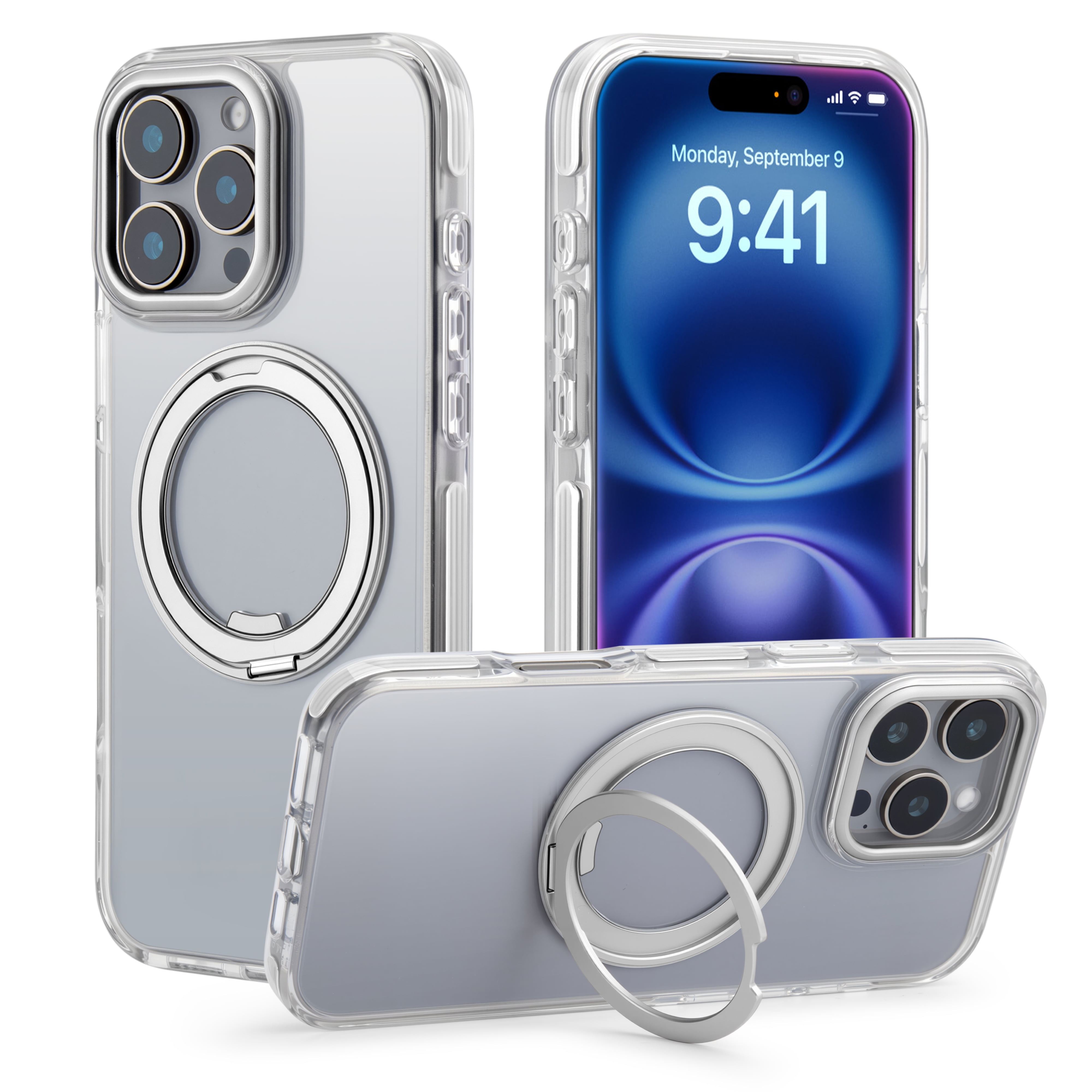 ROFAY Compatible with iPhone 16 Pro Case [3X Military-Grade Drop Protection], Magnetic Kickstand & Ring Stand, Shockproof, Anti-Fingerprint, MagSafe Compatible - Silver