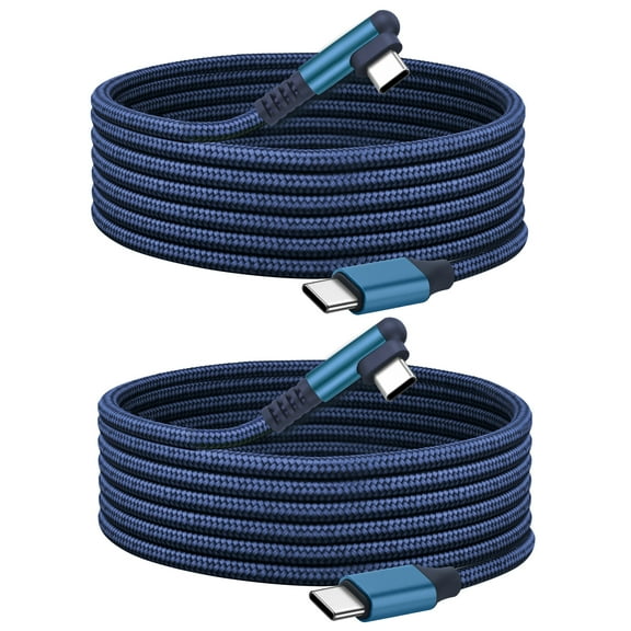 ROFAY USB C to USB C Cable 60W, 2-Pack, 10FT, Blue, Nylon Braided, Right Angle, iPhone 16 Pro Max, Samsung S25