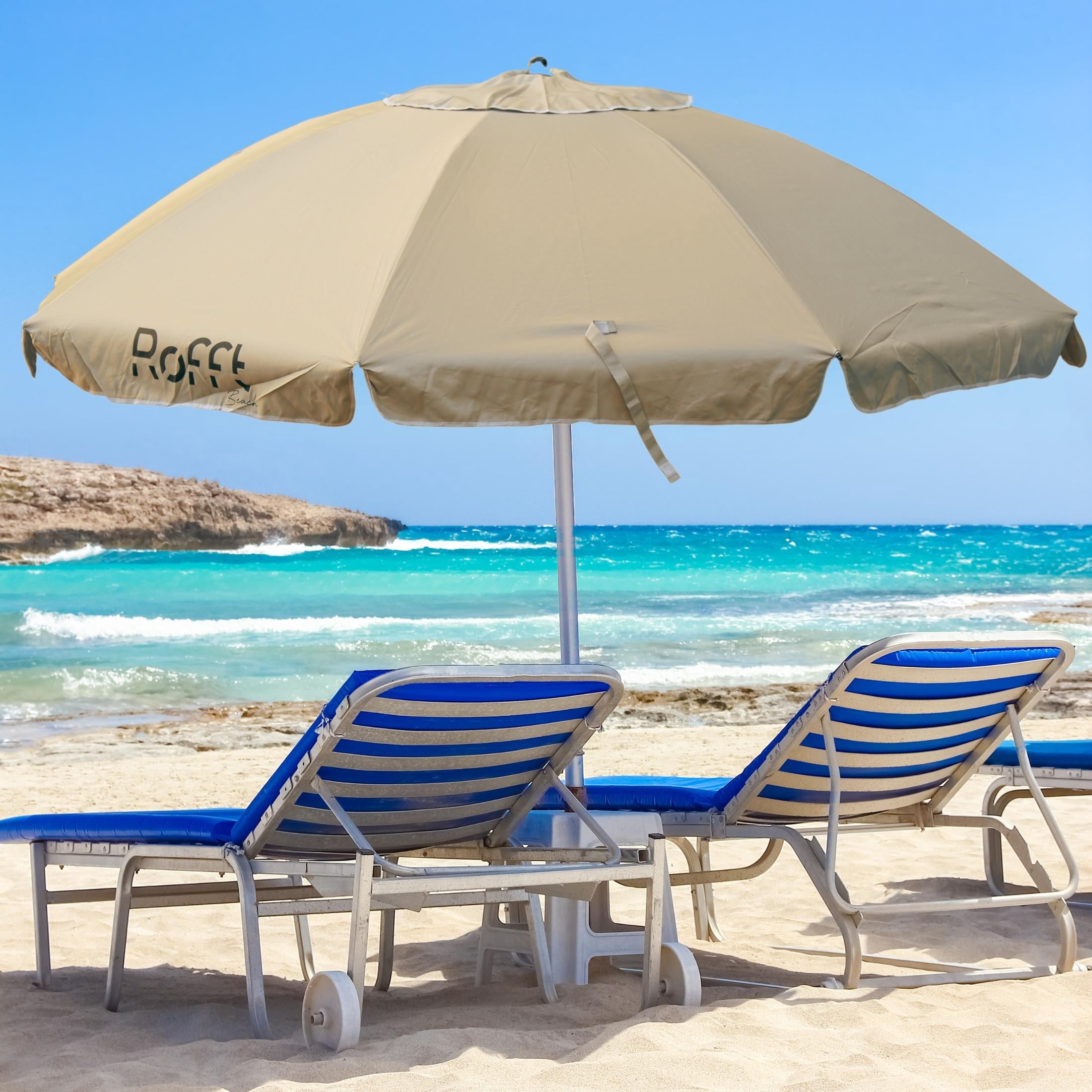 ROFFT 7.8 Ft Beach Umbrella for sand heavy duty Steel and Aluminum Pole, Sand Anchor UV 50+ protection Air vents Windproof Sunshade for Beach with reinforced ribs carry bag premium silver coate