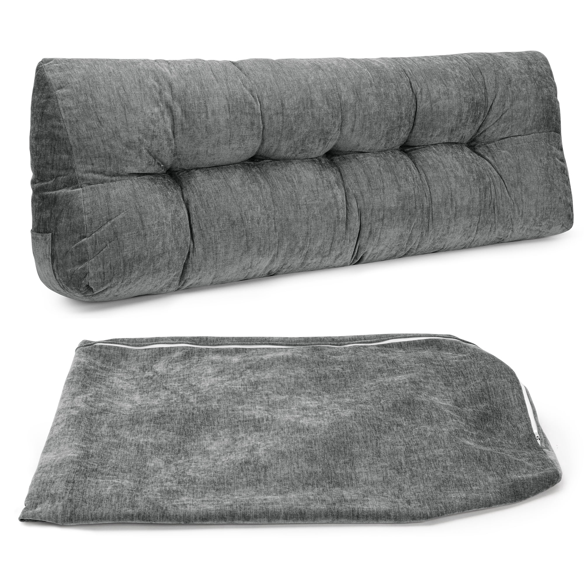 ROFIEJOX Queen Headboard Pillow, 59" x 20" x 7.9" Bed Backrest Pillow with Extra Removable Cover, Tufted Reading Pillow with Side Pockets, Gray