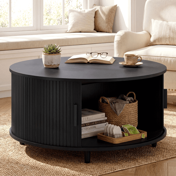 ROGALIS 31.5" Round Coffee Table with Storage, Modern Coffee Table with 360° Curved Sliding Door, Fluted Wood Coffee Table with Adjustable Footpads for Living Room, Black
