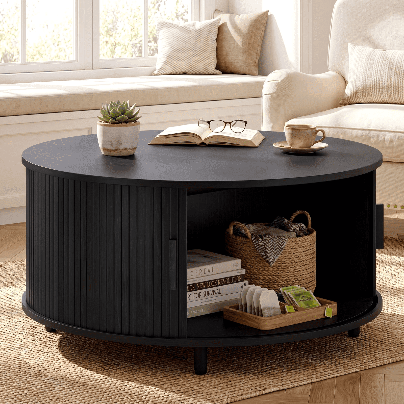ROGALIS 31.5" Round Coffee Table with Storage, Modern Coffee Table with 360° Curved Sliding Door, Fluted Wood Coffee Table with Adjustable Footpads for Living Room, Black