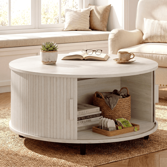 ROGALIS 31.5" Round Coffee Table with Storage, Modern Coffee Table with 360° Curved Sliding Door, Fluted Wood Coffee Table with Adjustable Footpads for Living Room, Natural White