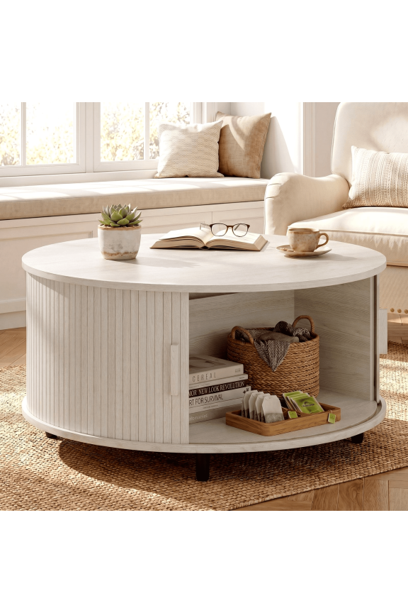 31.5" Round Coffee Table with Storage, Modern Coffee Table with 360° Curved Sliding Door, Fluted Wood Coffee Table with Adjustable Footpads for Living Room, Natural White