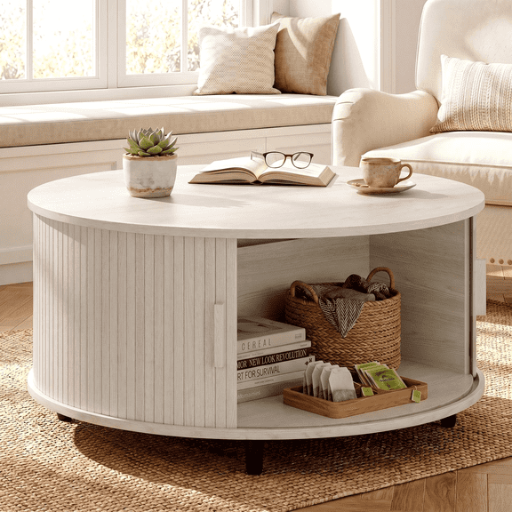 ROGALIS 31.5" Round Coffee Table with Storage, Modern Coffee Table with 360° Curved Sliding Door, Fluted Wood Coffee Table with Adjustable Footpads for Living Room, Natural White