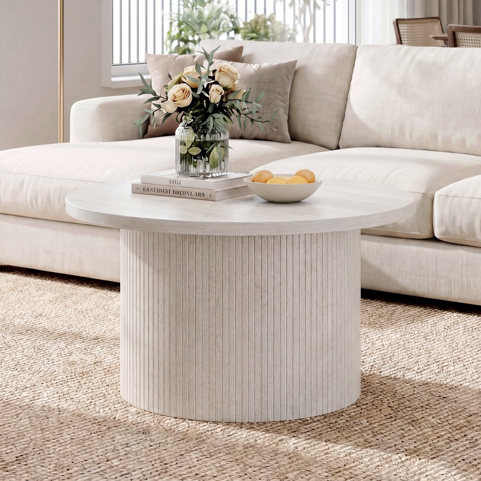 ROGALIS 31.5" Round Tambour Design Coffee Tables for Living Room, Mid Century Modern Wood Coffee Tablewith Spacious Tabletop, Art Deco Sturdy Circle Coffee Table,Natural White