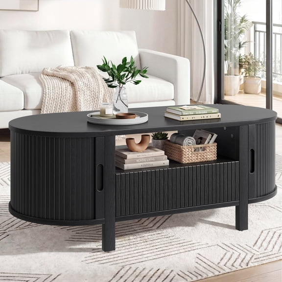 ROGALIS 47.2" Oval Coffee Table with Storage, Mid-Century Center Table with Drawer, Sliding Storage Door & Fluted Details for Living Room Home Office,Black