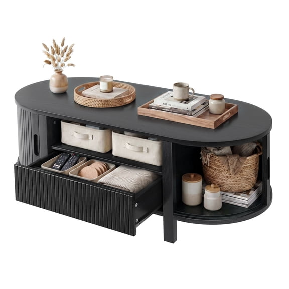 ROGALIS 47.2" Oval Coffee Table with Storage, Mid-Century Center Table with Drawer, Sliding Storage Door & Fluted Details for Living Room Home Office,Black