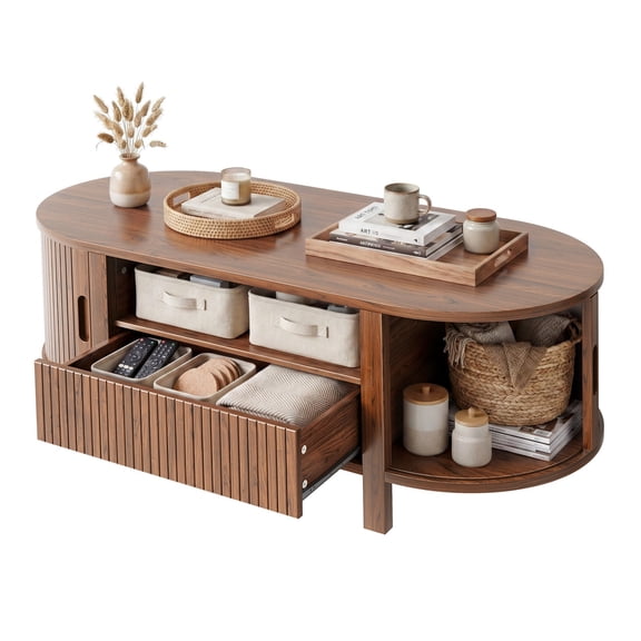 ROGALIS 47.2" Oval Coffee Table with Storage, Mid-Century Center Table with Drawer, Sliding Storage Door & Fluted Details for Living Room Home Office,Walnut