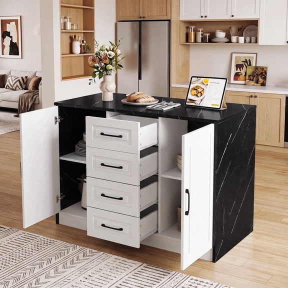 ROGALIS 47.3" Kitchen Island with Storage,Modern Kitchen Island with Built-in Power Outlet, Faux Marble Countertop and Cabinets with Adjustable Shelves, For Dining Room, Living Room,Black