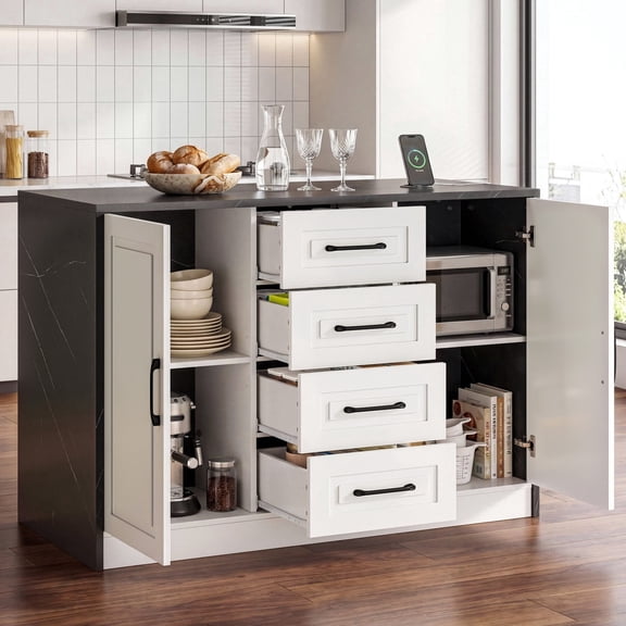 ROGALIS 47.3" Kitchen Island with Built-in Power Outlet, Faux Marble Countertop, 4 Drawers & 2 Large Storage Cabinets, Kitchen Island Table with Adjustable Shelves for Dining Room, Living Room, Black