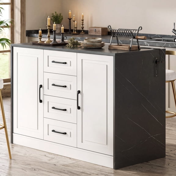 ROGALIS 47.3" Kitchen Island with Built-in Power Outlet, Faux Marble Countertop, 4 Drawers & 2 Large Storage Cabinets, Kitchen Island Table with Adjustable Shelves for Dining Room, Living Room, Black
