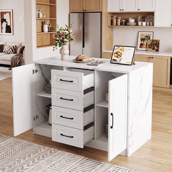 ROGALIS 47.3" Kitchen Island with Faux Marble Top,White Kitchen Island with Built-in Power Outlet and Cabinets with Adjustable Shelves, For Dining Room, Living Room