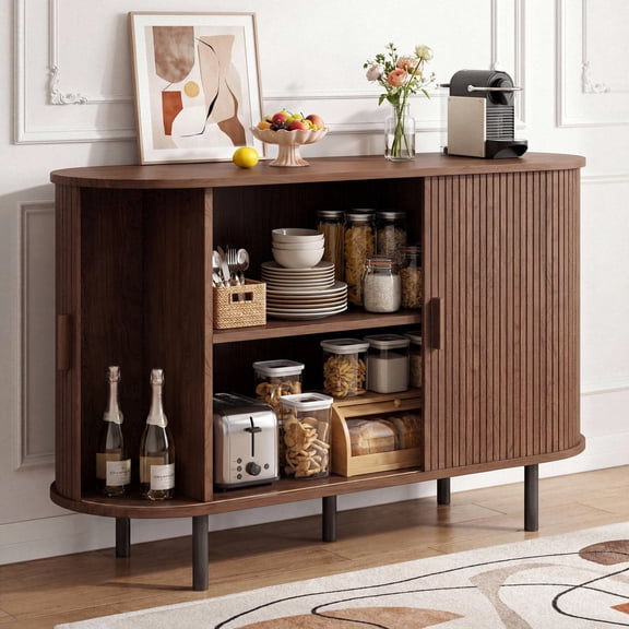 ROGALIS 48" Buffet Sideboard Cabinet with Storage, Modern Fluted Cabinet with Sliding Doors & Adjustable Shelf, Coffee Bar Accent Cabinet for Kitchen, Dining Room, Entryway, Walnut