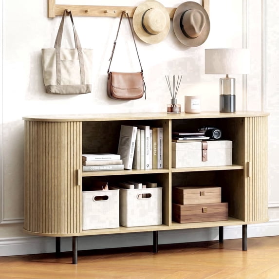 ROGALIS 55" Buffet Sideboard Cabinet with Storage, Modern Fluted Cabinet with Sliding Doors & Adjustable Shelf, Coffee Bar Accent Cabinet for Kitchen, Dining Room, Entryway, Oak