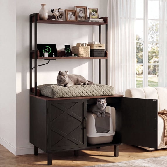 ROGALIS 55'' Cat Litter Box Enclosure with 2 Shelves and Charging Sockets, Wooden Cat House Hidden Litter Box Furniture, Large Indoor Cabinet for Livingroom and Entryway, Black