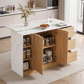 ROGALIS 55" Kitchen Island with Storage, Kitchen Island Table with Drawers and Shelves,Sliding Extendable Countertop, Faux Marble Top, Built-in Power Outlet with USB & Type-C, White