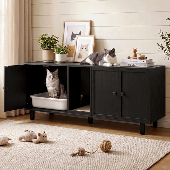 ROGALIS 2-Story Hidden Litter Box Multi-Use TV Stand and Side Table Large Indoor Cat Litter Box Enclosure with Cat Scratch Pad, Black