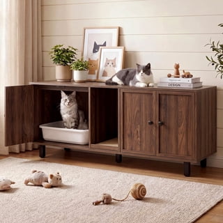 ROGALIS 59" Litter Box Cabinets with Door,Hidden Litter Box Furniture for 2 Cats,Cat Litter Box Enclosure with Cat Scratch Pad,Wooden TV Stand Side Table, Walnut