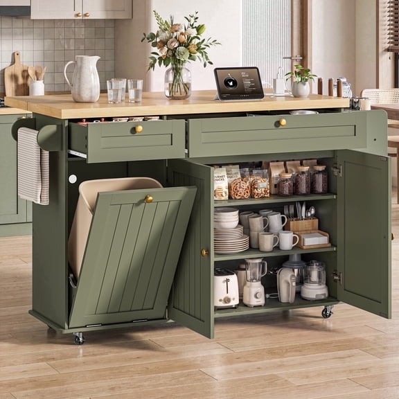 ROGALIS 60" Rolling Kitchen Island with Power Outlet, Drop Leaf Countertop, Trash Storage Cabinet, Large Storage Drawers and Cabinets, Spice Rack, Towel Rack, Lockable Wheels, Green