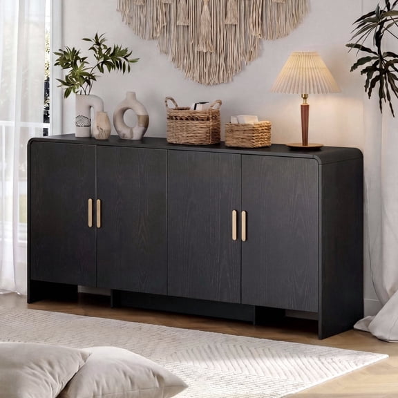 ROGALIS 60'' Sideboard Buffet Cabinet – Large Credenza with 4 Doors, Modern Arched Storage Cabinet for Living Room Dining Room, Space Saving Design for Kitchen Coffee Bar or Entryway, Black