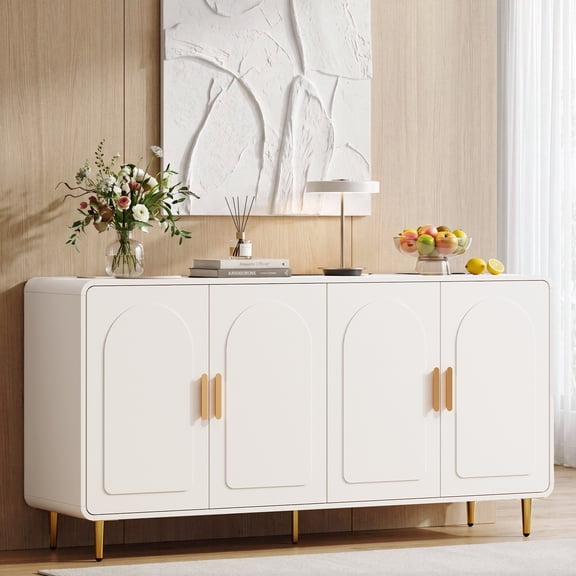 ROGALIS White Sideboard, Coffee Bar Cabinet with Storage, 60 inch Buffet Cabinet with Doors and Adjustable Shelves, Credenzas and Sideboards for Living Room and Kitchen