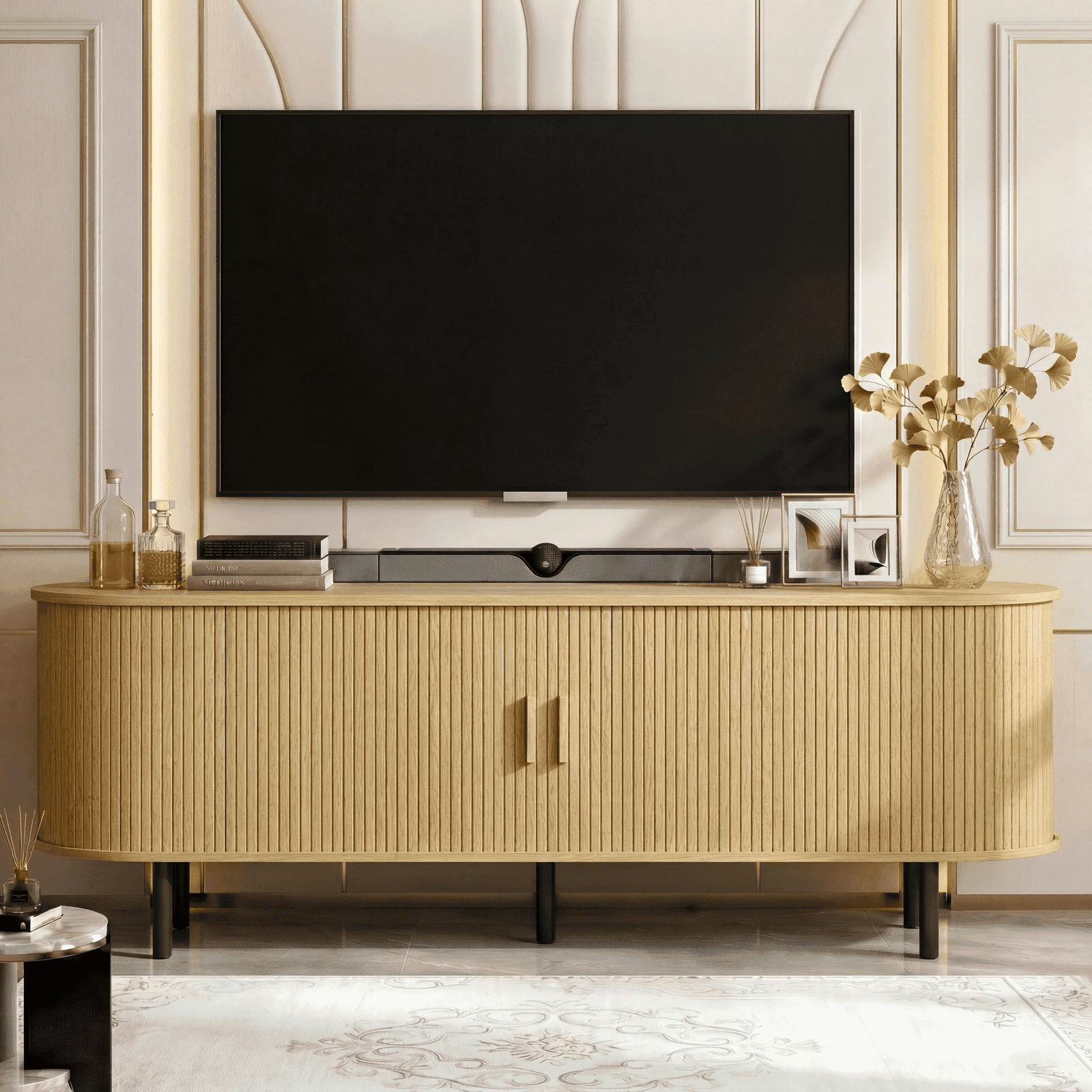 ROGALIS 63 Inch TV Stand with Built-in Power Outlet, Compatible with TVs Up to 70 Inches, Modern Entertainment Center with Adjustable Shelves, Storage Space, and Sliding Doors, Oak