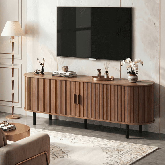 ROGALIS 63 Inch TV Stand with Sleek Sliding Doors, Built-in Power Outlet, Compatible with TVs up to 70 Inches, Media Console for living rooms, Walnut