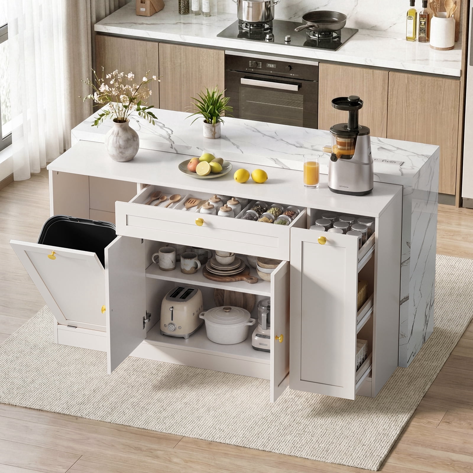 ROGALIS 63"Kitchen Island with Storage, Marble Countertop, Built-in Power Outlet, USB Charging & Trash Cabinet, Multi-Use Island Table for Kitchen Dining Room Living Room,White
